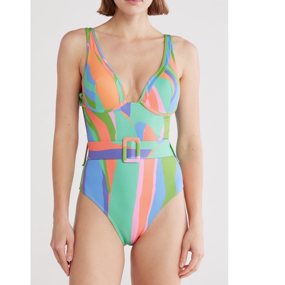 Hutch Multicolor Belted One Piece belted Swimsuit swim pink blue green small